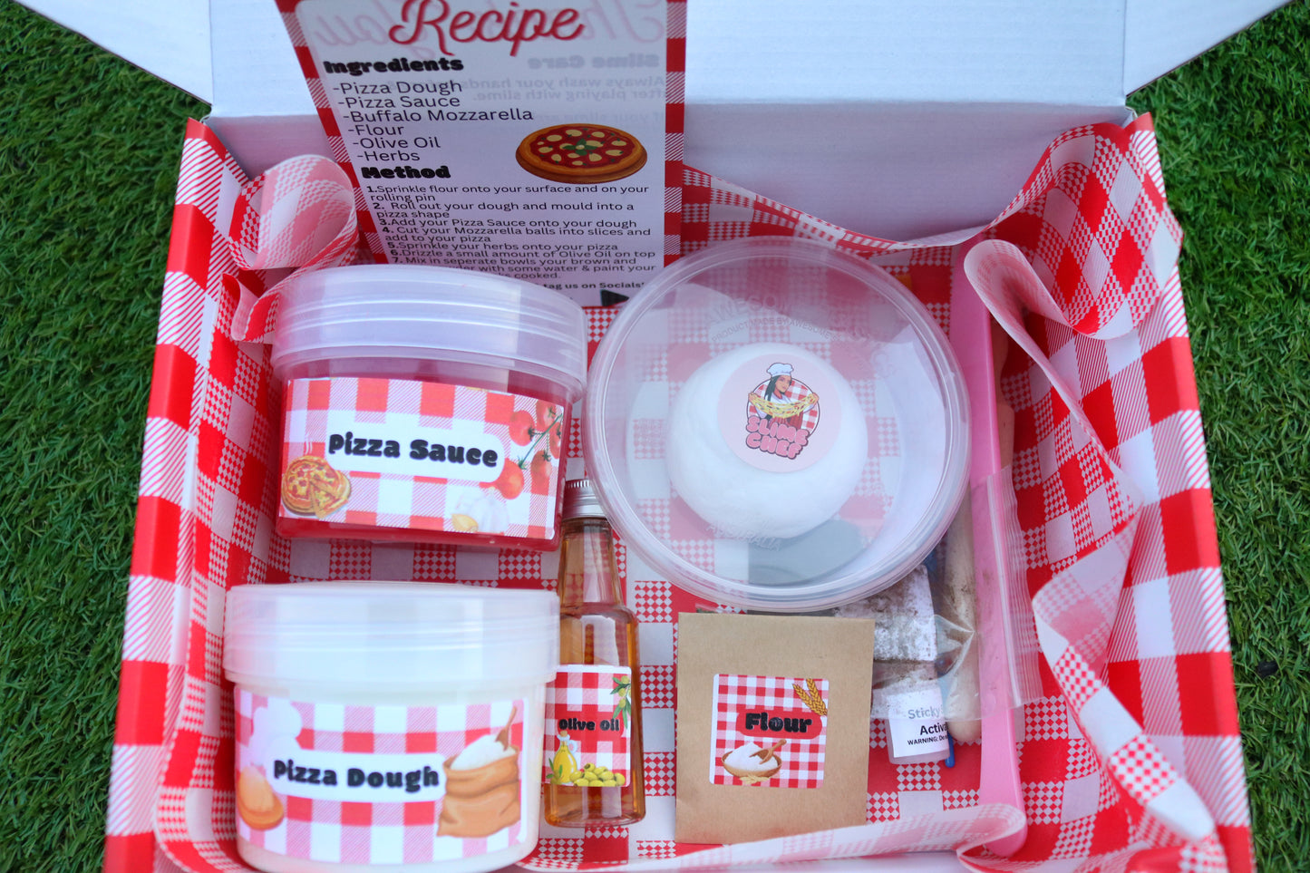 slime pizza kit, slime dough, slime pizza sauce, slime chef